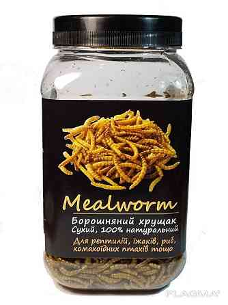 Мучний черв'як сухий "Mealworm" тм Буся. Корм для рептилій, птахів, їжаків, гризунів 600 мл/100г Зміїв