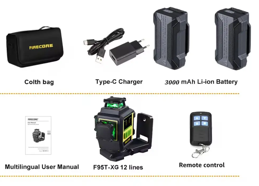 Лазерный уровень нивелир Firecore F95T-XG 3D 360 (12 линий) 3000мА с 2-мя аккумуляторами Винница - изображение 2