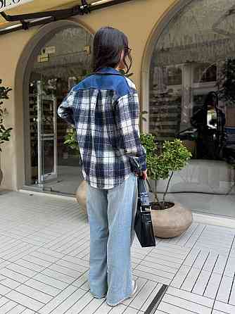 Женская стильная рубашка в клетку с джинсовыми вставками турецкая байка Серый, 42/44 Одесса