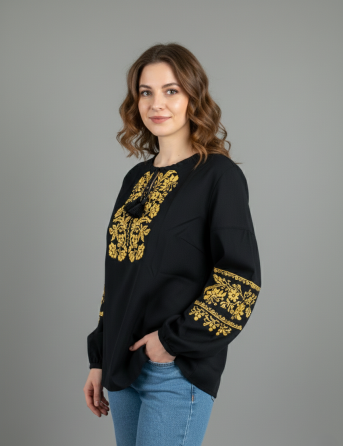 Шифоновая женская черная блуза - вышиванка с золотыми нитями на цветочном орнаменте Киев