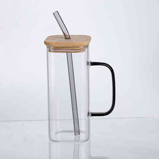 Чашка скляна 400 мл з бамбуковою кришкою та скляною трубочкою HP-19-146 Коломия