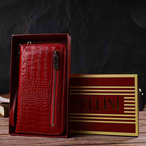 Функціональний клатч для жінок з натуральної шкіри з тисненням під крокодила Червоний (CANPELLINI) Київ