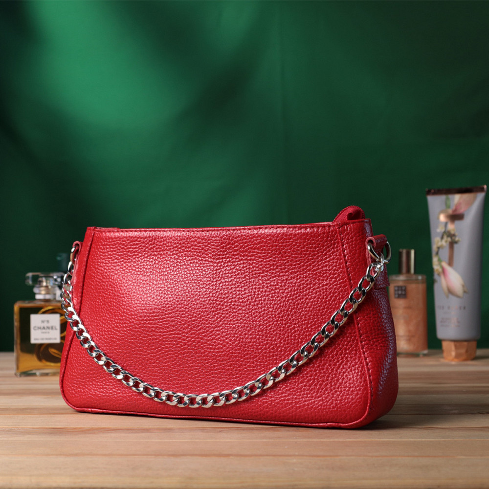 Яскрава сумка багет з ланцюжком і знімним ремінцем з натуральної шкіри Shvigel 22836 Червона Київ - фото 9