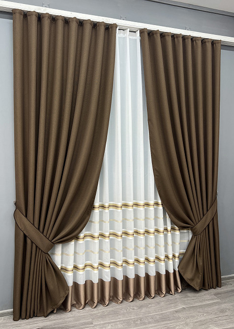 Комплект штор VR-Textil Льон Мішковина 100х270 2шт і Тюль 300х270 277ш-1579т Коричневий з молочним 71-159/1 Київ - фото 2