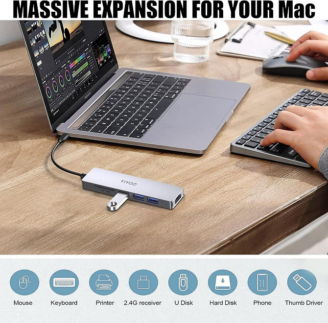 YIYOO 6-в-1 USB-C хаб, HDMI 4K@30Hz, 3x USB 3.0, SD/TF, адаптер для MacBook, Surface, XPS, PS5, Xbox Київ - фото 7