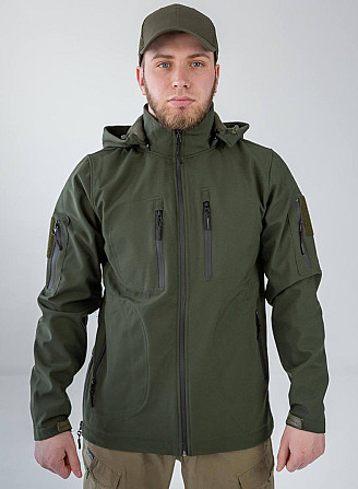 Мужская тактическая демисезонная куртка Soft Shell с капюшоном (Оливковый) 3XL Винница - изображение 5
