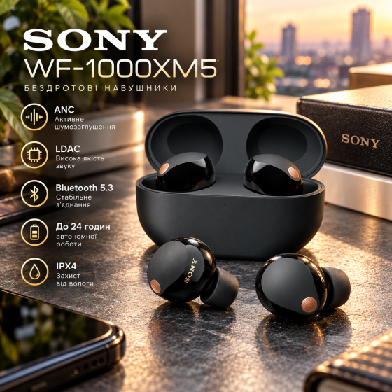 УЦІНКА Бездротові навушники Sony WF-1000XM5, TWS, ANC, Bluetooth 5.3, LDAC, до 24 годин роботи, IPX4, чорні Київ