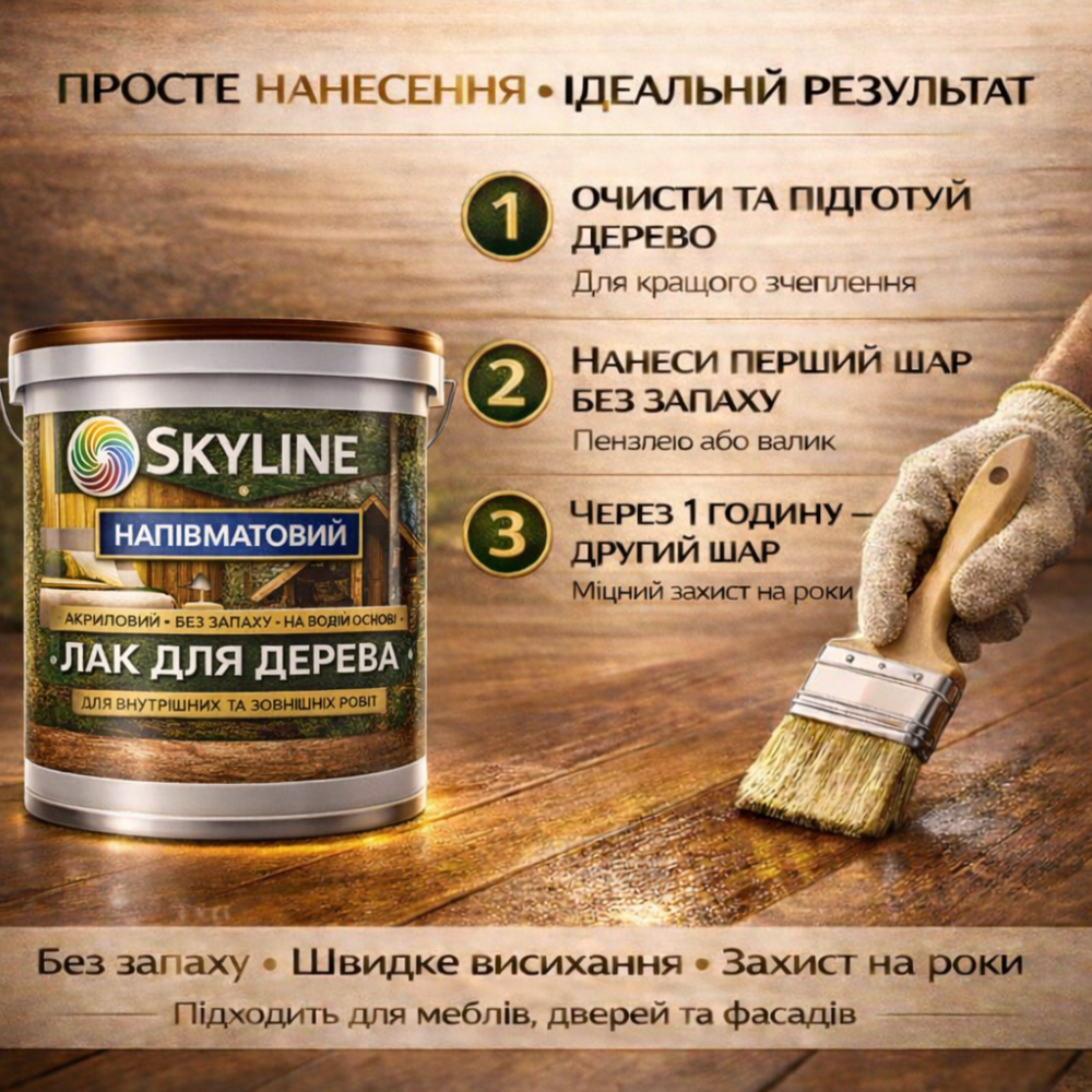 Лак для дерева Skyline напівматовий акриловий прозорий без запаху для внутрішніх та зовнішніх робіт 10 л Харків - фото 7