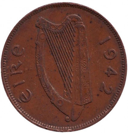 Монета 1 пенні. 1942 рік, Ірландія. Птах. Ірландська арфа.(АС) Полтава - фото 1