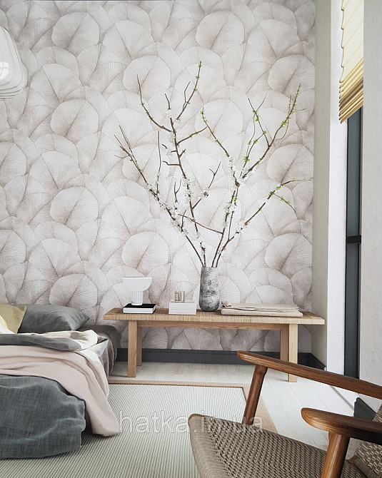 Шпалери вінілові на флізеліні Marburg Kumano 1.06х10 листя кремові бежеві зі сріблястим 3д лофт 34561 Київ - фото 1