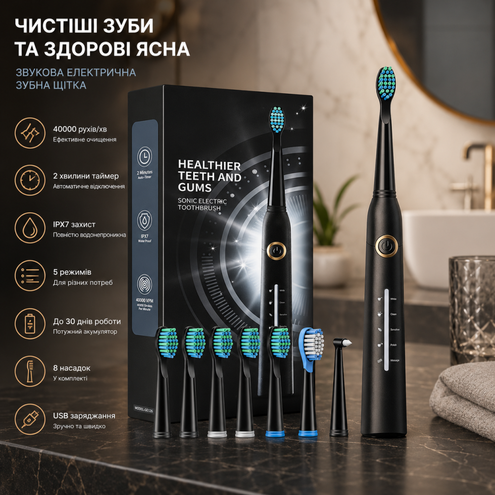 Електрична звукова зубна щітка TEETHEORY, 40000 рухів/хв, 8 насадок, 5 режимів, USB, IPX7, до 30 днів роботи Київ - фото 7