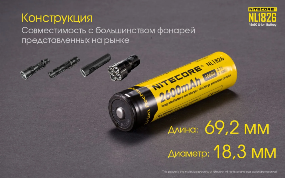 Аккумулятор 18650 Nitecore NL1826 2600mAh Li-Ion 3.7V (Желтый) Винница - изображение 7