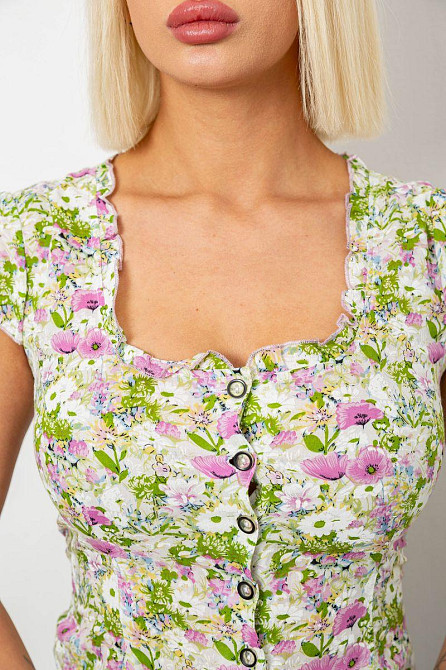 Жіноча бавовняна блуза з квітковим принтом, приталена, без рукавів, на ґудзиках, Салатовий, XL Лубни - фото 10