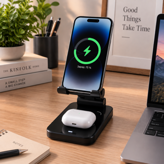 Подставка для смартфона с беспроводной зарядкой 15W док-станция для смартфона, часов наушников C11_deep_blue Каменец-Подольский