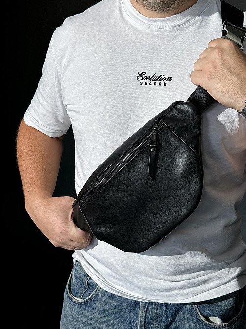 Бананка із натуральної гладкої шкіри, шкіряна сумка на пояс SKILL Lodka (Чорна) Суми - фото 1