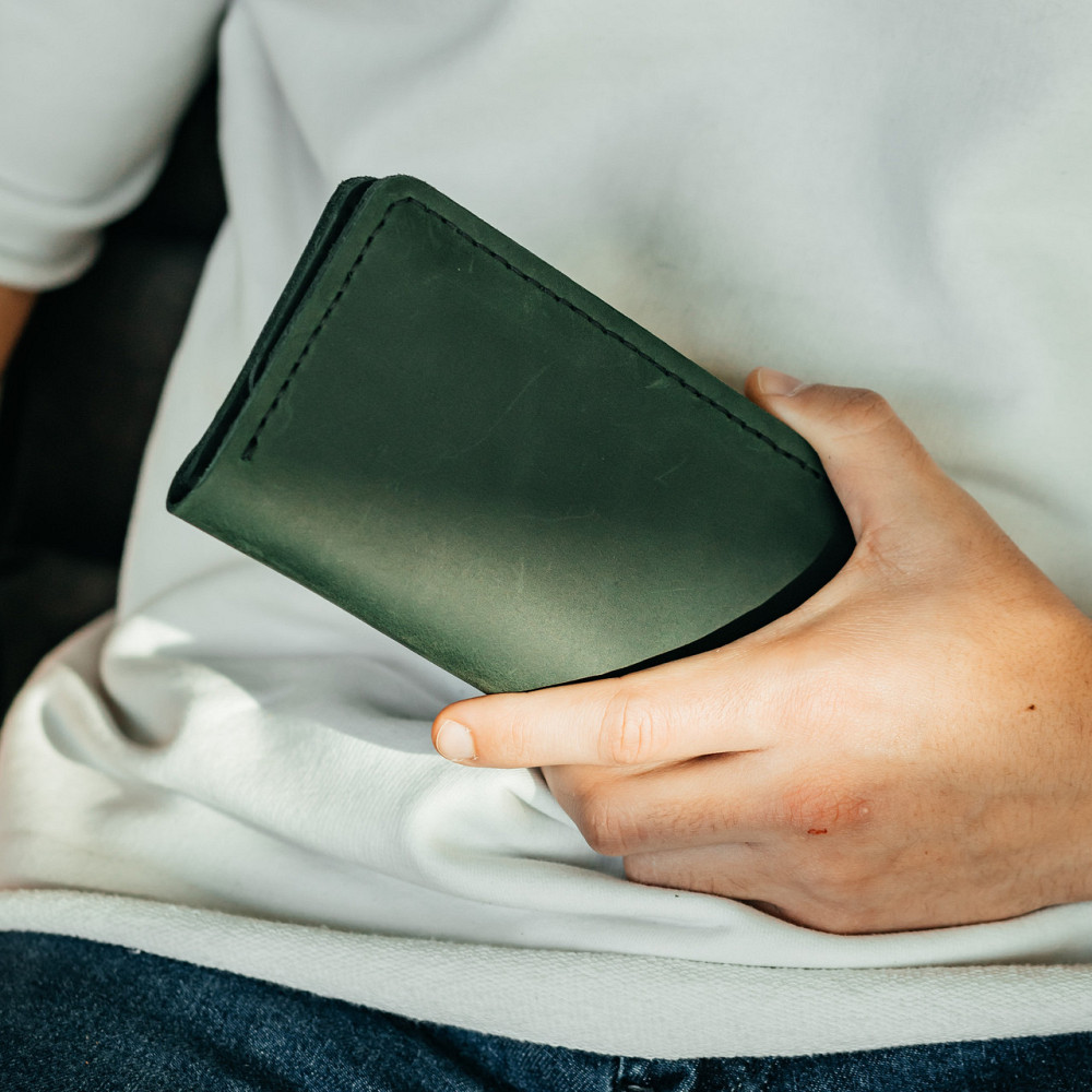 Клатч чоловічий шкіряний Лонгер Зелений стильний на кнопках 20х10 см з відділеннями для купюр, карт та монетMasterSem Київ - фото 3