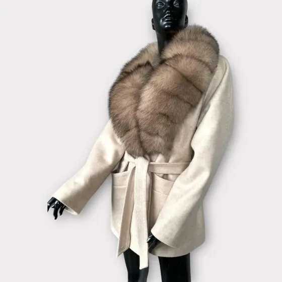 Женское пальто с меховым воротником Бежевый 2, 56 Харьков