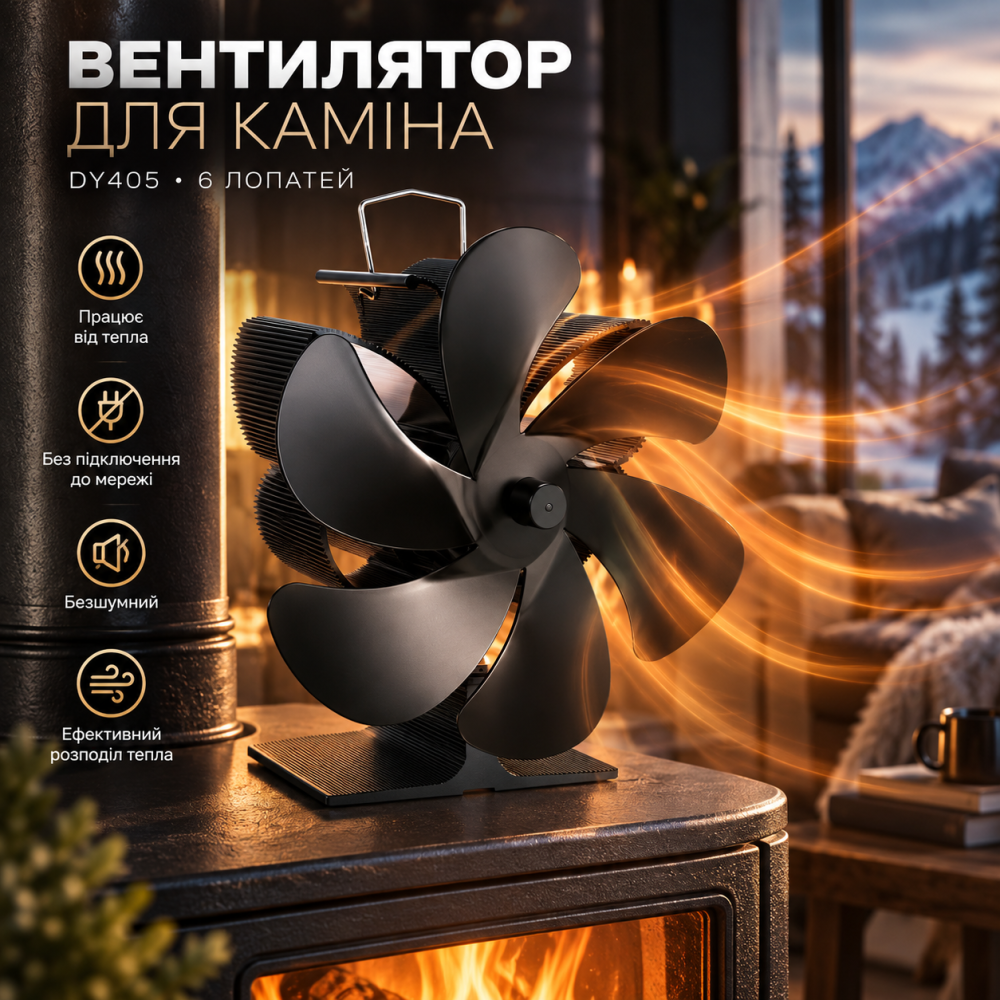 Вентилятор для каміна термодинамічний DY405 на 6 лопатей: Тепловентилятор для печі без електрики, безшумний, анодований алюміній Київ - фото 7