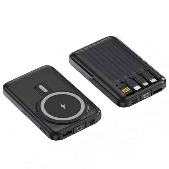 Повербанк беспроводной 10000 mAh с магнитной зарядкой 15W, быстрой зарядкой 22.5W, встроенными кабелями и подставкой Black Каменец-Подольский