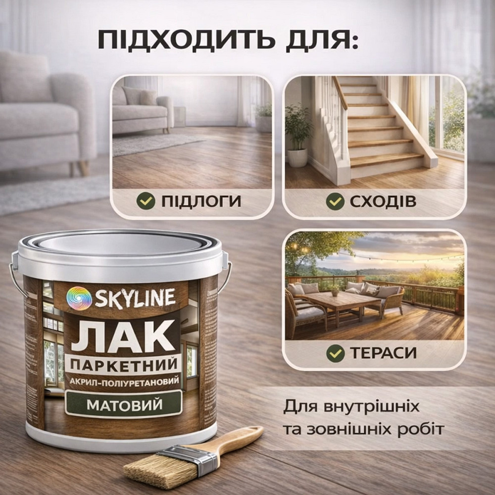 Лак для підлоги матовий Skyline паркетний, акрил-поліуретановий, водний, зносостійкий, без запаху, 10 л Харків - фото 3