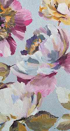 Шпалери вінілові на флізеліні Grandeco Universe 5 квіти півонії великі яскраві бордові сині на сірому Київ