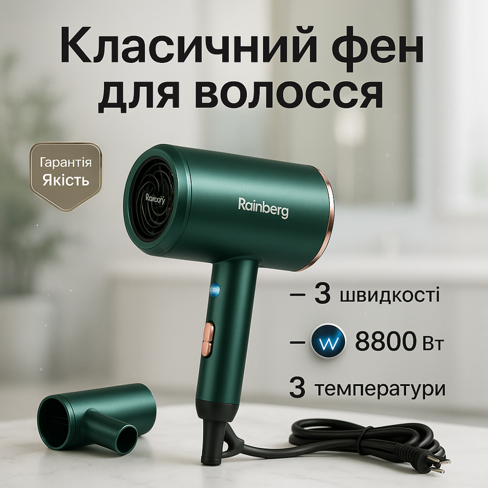 Потужний фен для волосся Rainberg RB-2212 8800Вт, Професійний фен з іонізацією і термозахистом EA-85 Львів - фото 18