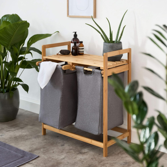 Бамбуковий стелаж для ванної кімнати 2в1 | Відкрита полиця + 2 місткі кошики для одягу, 64×33×73см Кам'янець-Подільський