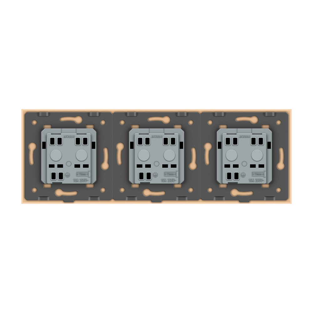 Потрійна електрична розетка вологозахисна з кришкою IP44 з заземленням, LIVOLO, золота, скляна рамка, шторки, 250В 16А (VL-C7C3EUWF-13) Коломыя - изображение 5