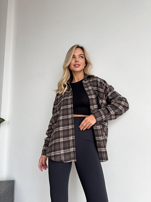 Женская рубашка в клетку oversize из турецкой фланели, коричневая, 42-44-46 Лубны - изображение 2
