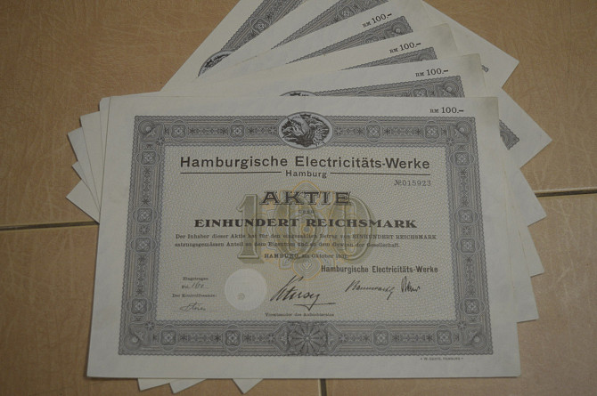 Акція. Німеччина. Hamburgische Electricitats Werke--100 reichmark 1931 рік aUNC-UNC (5 - 3) Полтава - фото 1