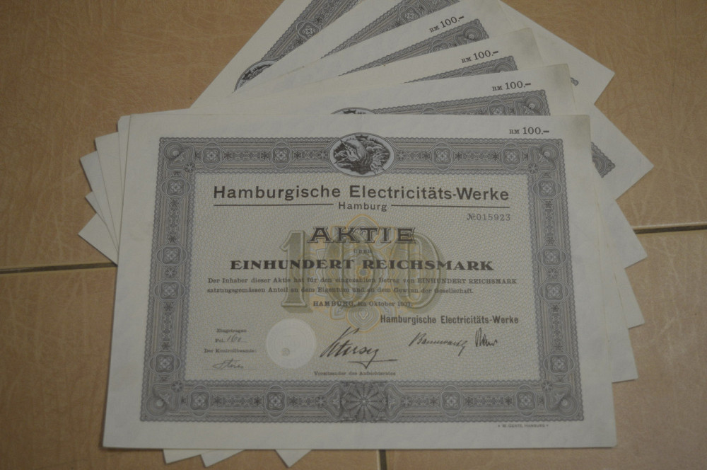 Акция. Германия. Hamburgische Electricitats Werke--100 reichmark 1931 год aUNC-UNC (5 - 3) Полтава - изображение 1