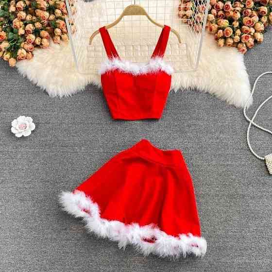 Женский праздничный новогодний костюм креп дайвинг + искусственный мех Красный, 42/44 Одесса