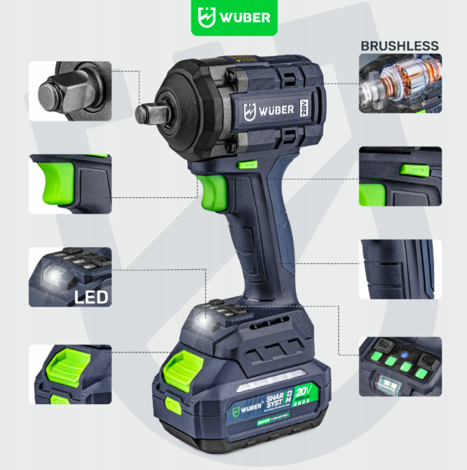 Гайковерт акумуляторний ударний 1/2'' 550Нм Wuber (Польща) Київ - фото 7