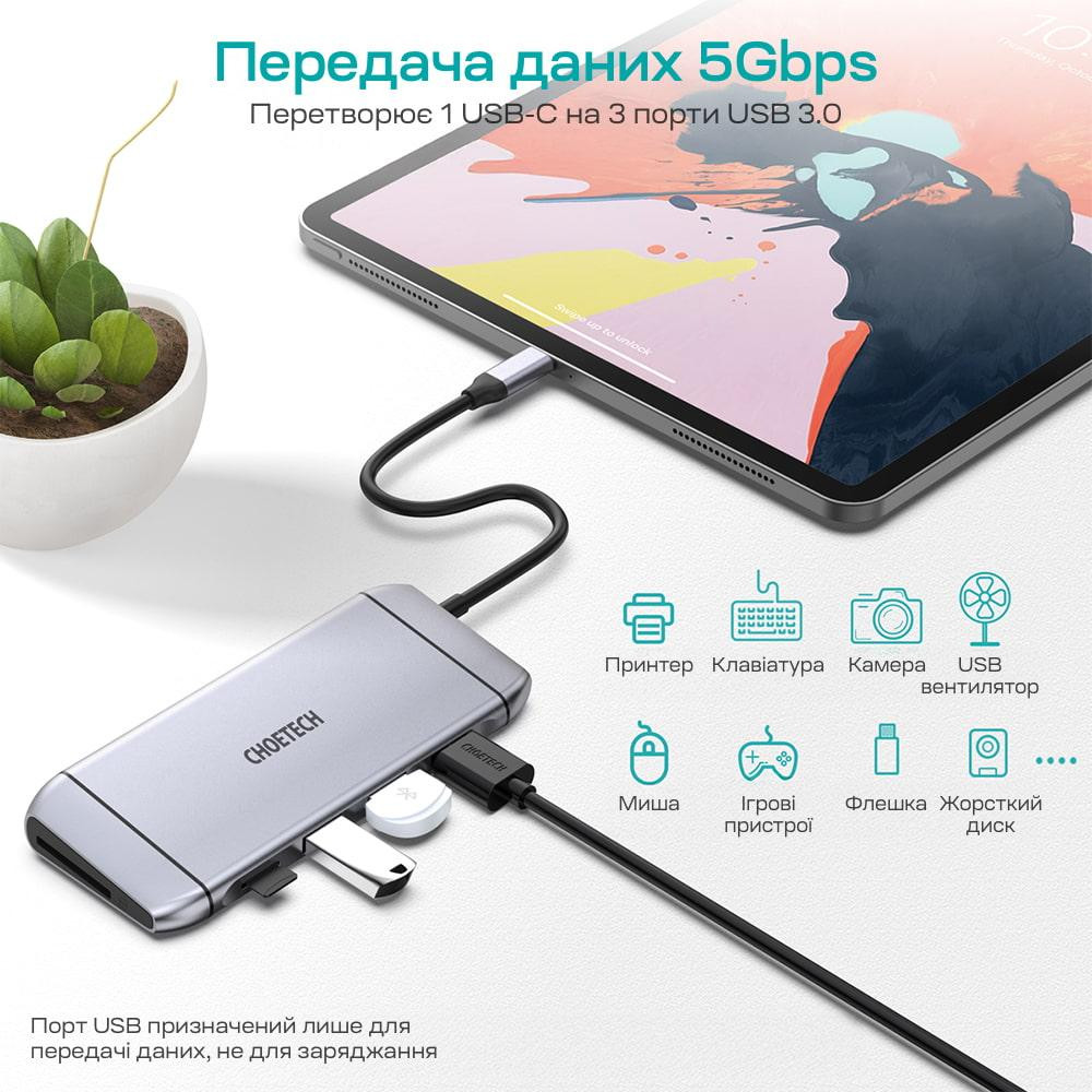 USB-C хаб 9-в-1 Choetech M15 HDMI 4K@30Hz, VGA, 3 USB3.0, RJ45, USB-C PD, SD-card, TF-card (43-00153) Киев - изображение 17