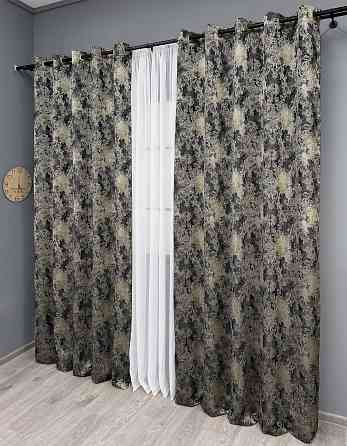 Комплект штор на люверсах VR-Textil Льон Преміум № 1694ш Чорний з бежевим 150х280 см 2 шт (37-0246) Київ