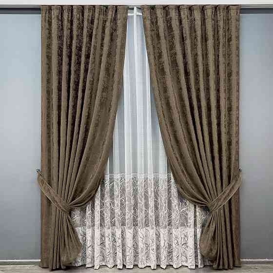 Комплект штор VR-Textil Жаккард Мрамор 100х270 2шт и Тюль 300х270 1203ш-1668т Коричневый с белым 71-119/1 Киев