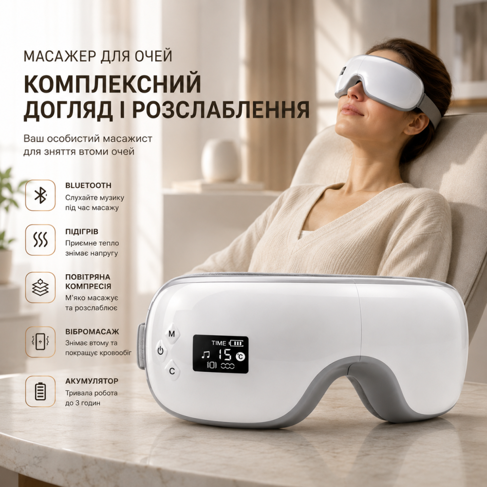 Масажер для очей з Bluetooth, підігрівом, повітряно-компресійним та вібромасажем, акумуляторний, сріблясто-білий Київ - фото 5