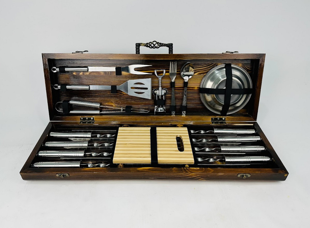 Подарунковий набір шампурів у дерев'яному кейсі BBQ Lux HAPPY DAYS Тернопіль - фото 1