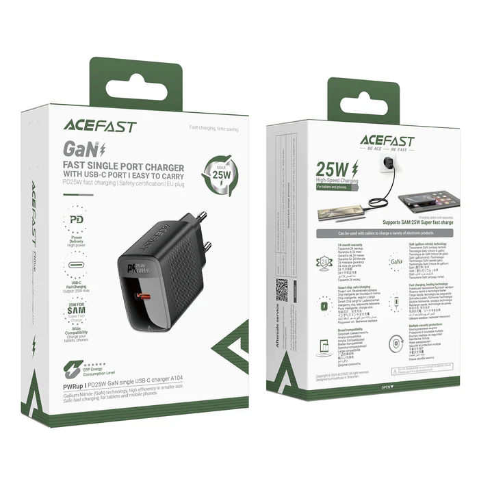 Мережевий зарядний пристрій ACEFAST A104 PD25W GaN single USB-C charger Black 6974316283355 Одеса - фото 2