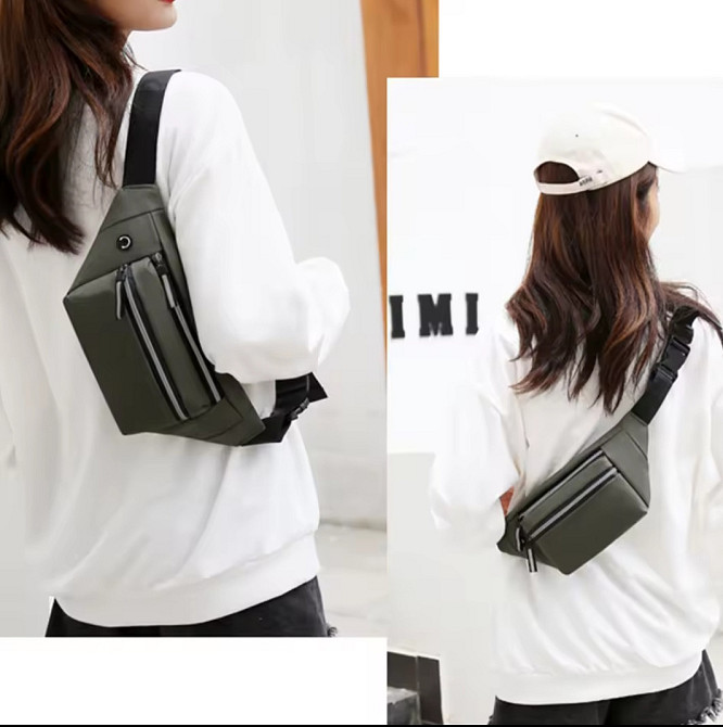 Сумка-бананка на пояс 3 кармана с отверстием для наушников унисекс 32 на 12 см синий Киев - изображение 7