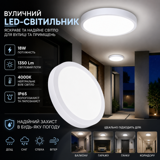 Уличный светодиодный светильник (LED) 18W (1350 Lm), IP65, влагозащищенный, нейтральный белый свет (Круг) Киев