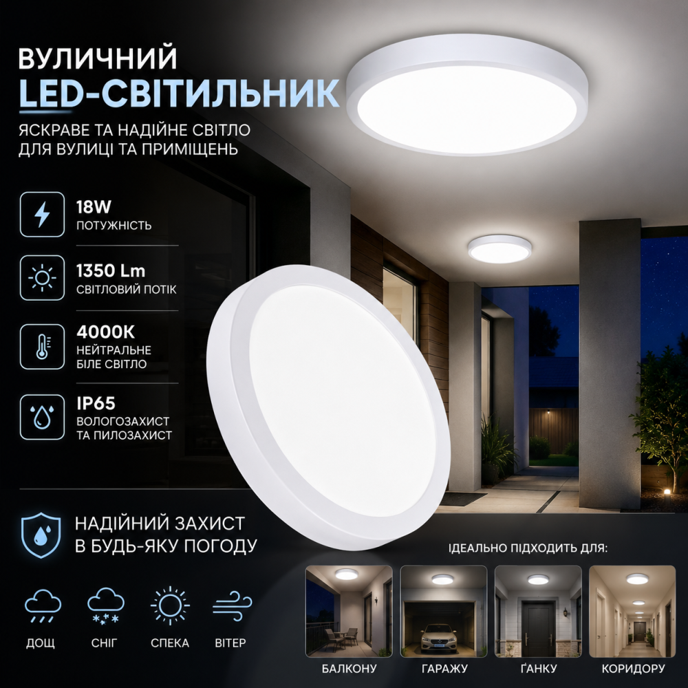 Уличный светодиодный светильник (LED) 18W (1350 Lm), IP65, влагозащищенный, нейтральный белый свет (Круг) Киев - изображение 1