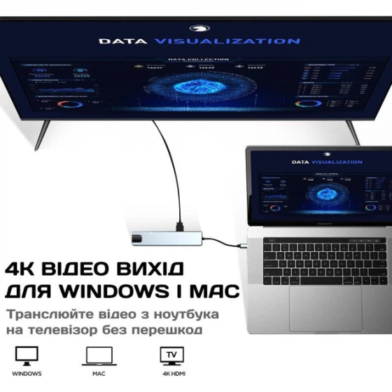 Многофункциональный USB Type-C хаб 8 в 1 с HDMI 4K, PD 87W, RJ45 Ethernet, USB 3.0, USB-C 10Gbps, SD/TF кардридер Киев