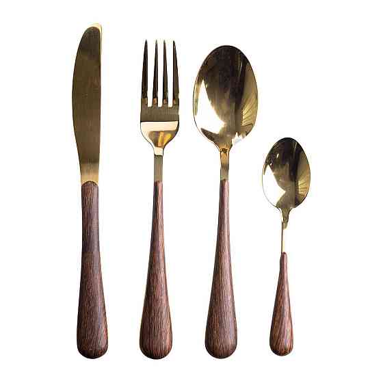 Набір столових приборів на 6 персон з дерев'яними ручками на підставці столові прибори 24 шт Золото HP-20-2 Київ