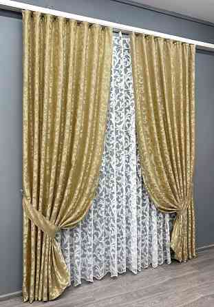 Комплект штор VR-Textil Жакард Вензель 150х270 2шт і Тюль 600х270 091ш-1147т Золотистий з білим 71-097/5 Київ