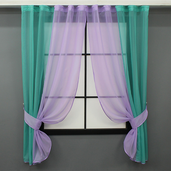 Кухонные шторы VR-Textil № 017к комбинированные с подвязками бирюзовый с сиреневым 265х170 см (52-1058) Киев - изображение 1