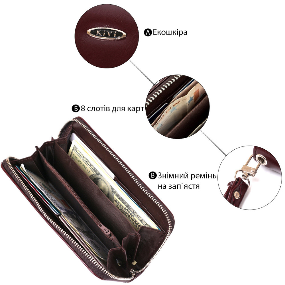 Гаманець жіночий на одну блискавку з екокожі гладкий KIVI 19038 Коричневий Київ - фото 1