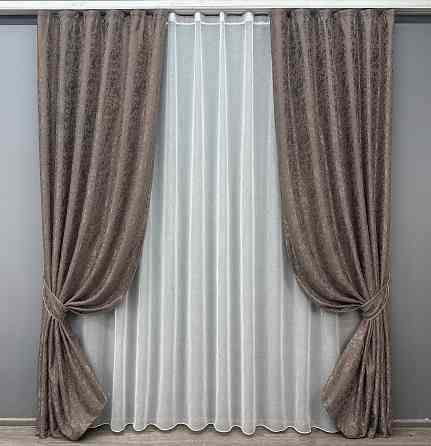 Комплект штор VR-Textil Лен Мрамор 200х270 2шт и Тюль 600х270 1718ш-1276т Какао с белым 71-014/7 Киев