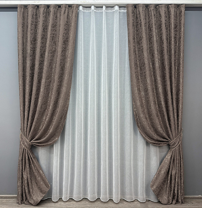Комплект штор VR-Textil Лен Мрамор 200х270 2шт и Тюль 600х270 1718ш-1276т Какао с белым 71-014/7 Киев - изображение 1