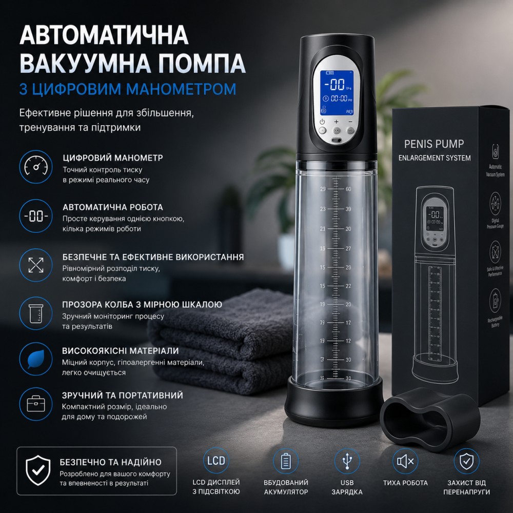 Автоматична вакуумна помпа для збільшення пеніса з цифровим манометром, електрична помпа для чоловіків, тренажер для ерекції Київ - фото 4